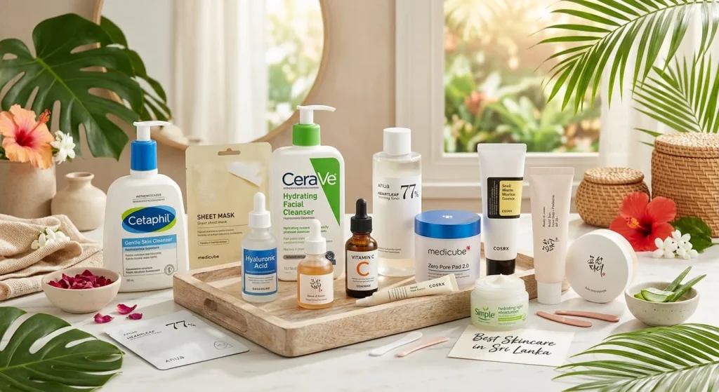 A display of original Best skincare products in Sri Lanka including CeraVe, Cetaphil, Anua, Medicube, and COSRX arranged on a wooden tray with tropical leaves.