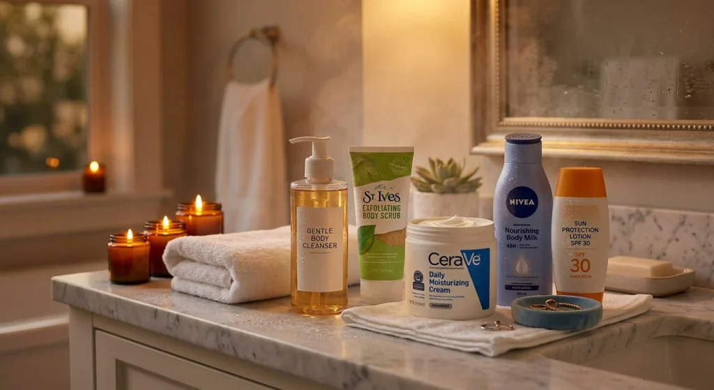 A complete body care routine dataset featuring essential skincare products, including a body cleanser, St. Ives scrub, CeraVe moisturizing cream, NIVEA body lotion, and sunscreen, neatly arranged on a white marble bathroom counter next to a folded towel.