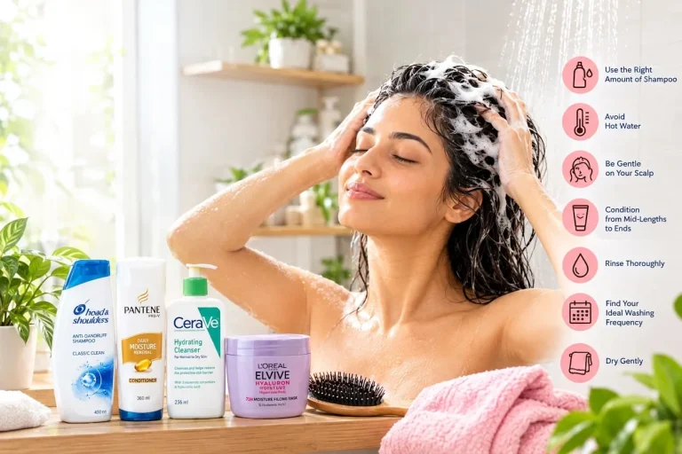 A woman washing her wet hair in the shower alongside hair care products, illustrating common hair washing mistakes to avoid.