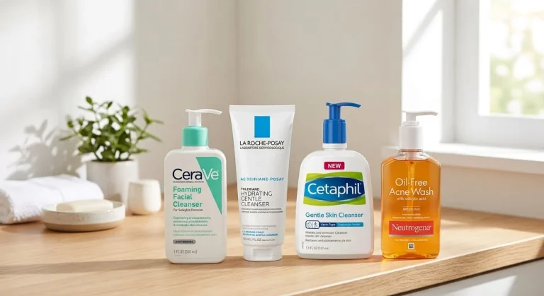 A comprehensive guide on how to choose the right face wash for your skin type, featuring four facial cleanser products from CeraVe, La Roche-Posay, Cetaphil, and Neutrogena arranged on a wooden shelf in a bright bathroom setting.