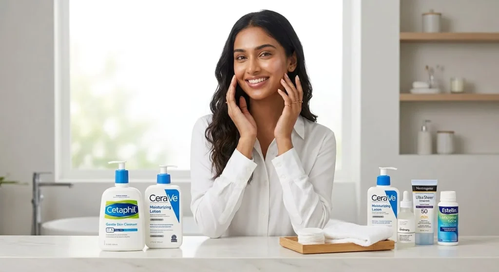 A Sri Lankan woman showcasing an affordable skincare routine on a budget using CeraVe, Cetaphil, and other products.